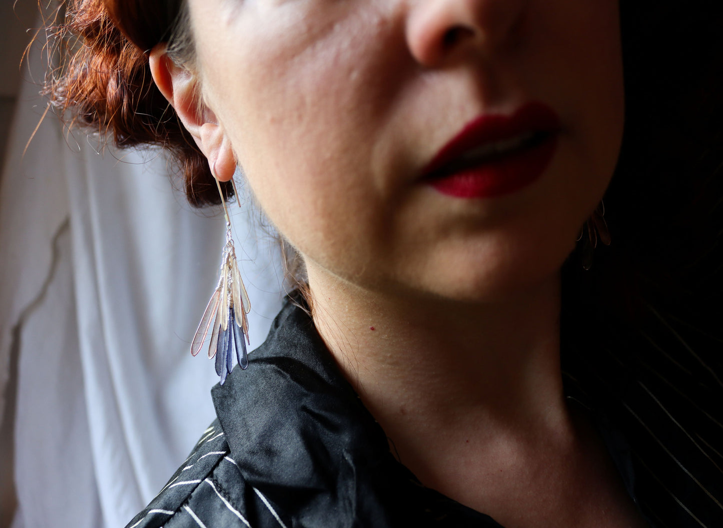 Dragonfly Earrings, indigo & blush