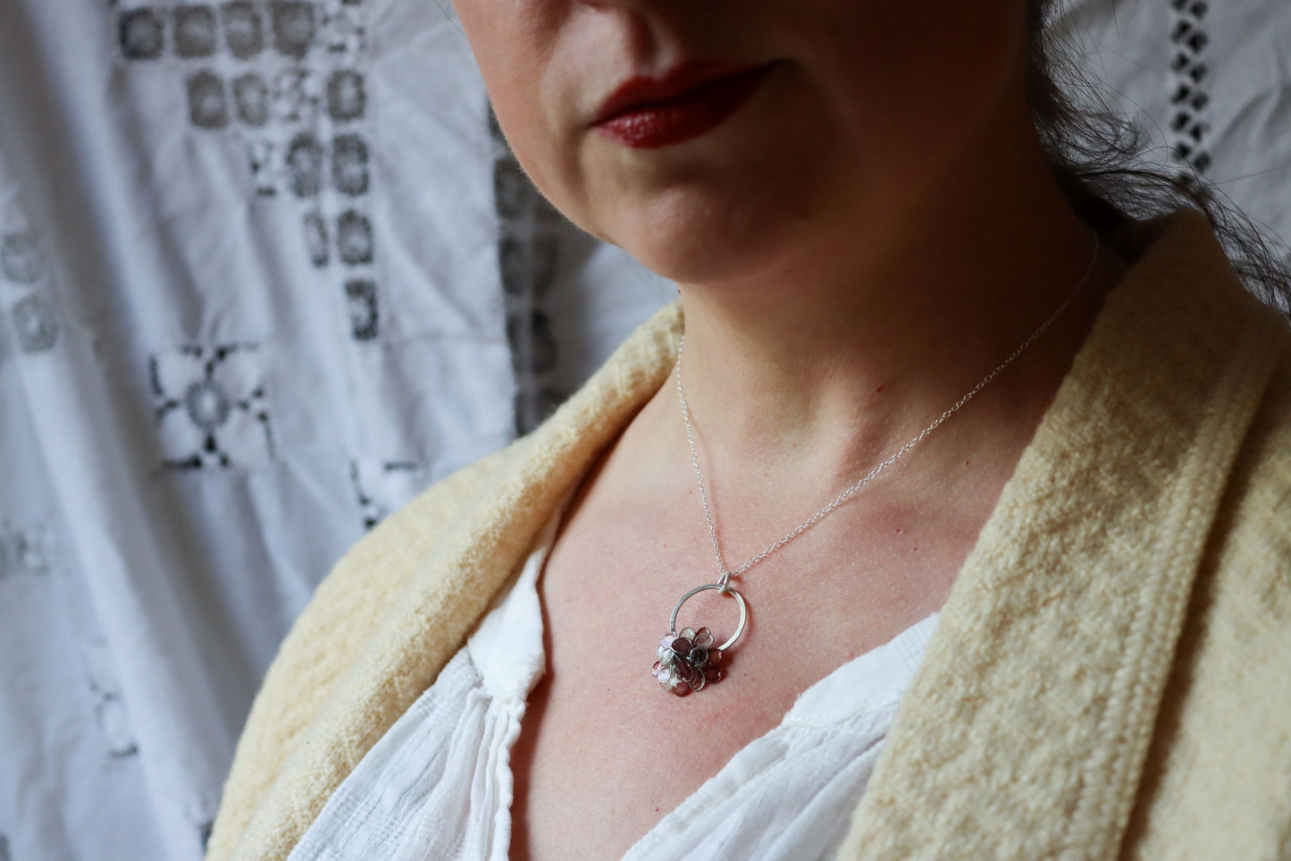 Hydrangea Basket Necklace : silver & burgundy