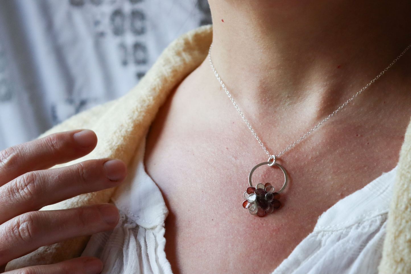 Hydrangea Basket Necklace : silver & burgundy