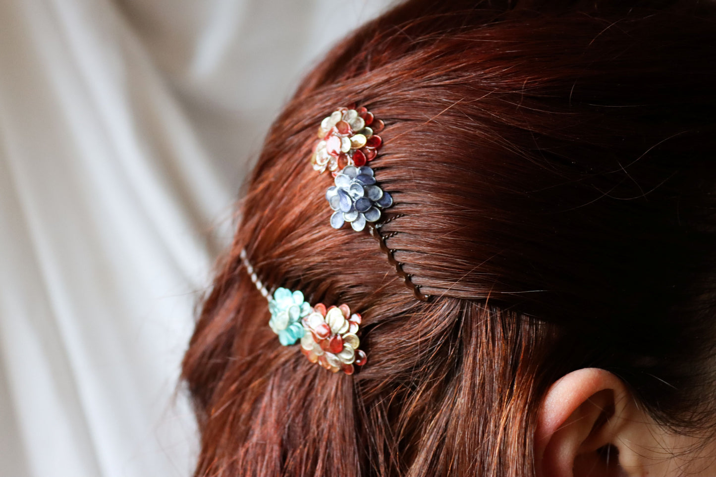 Hydrangea Comb Set : coral & indigo & glacier