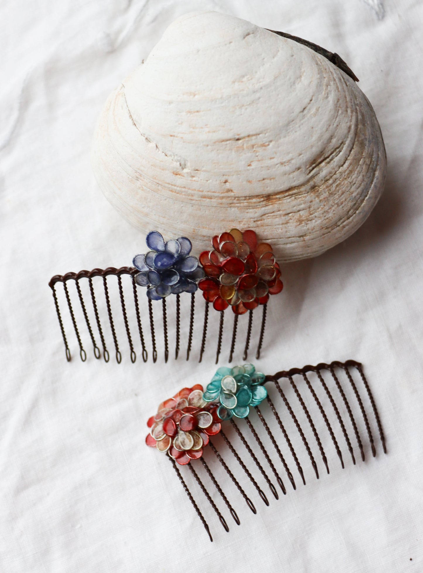 Hydrangea Comb Set : coral & indigo & glacier