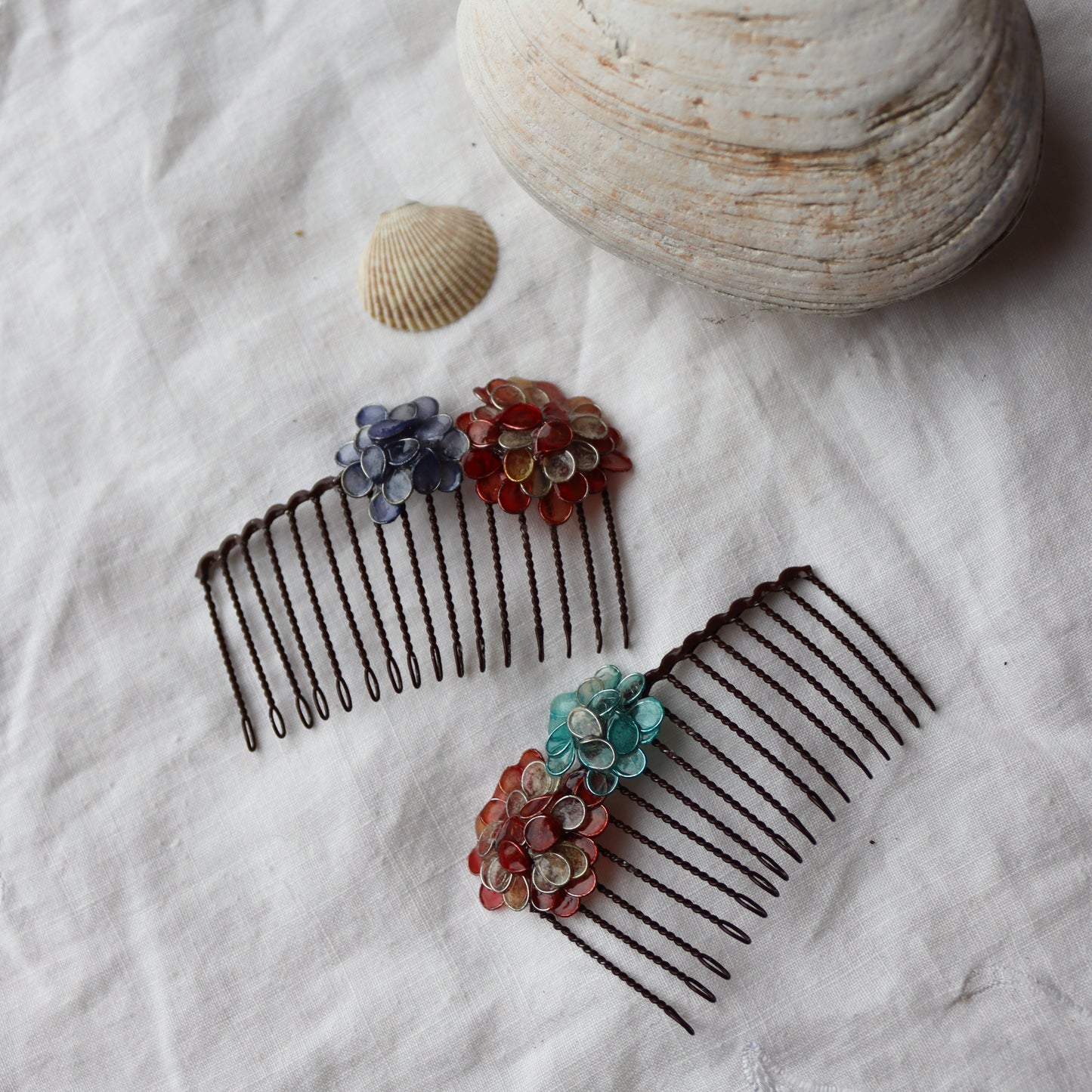 Hydrangea Comb Set : coral & indigo & glacier