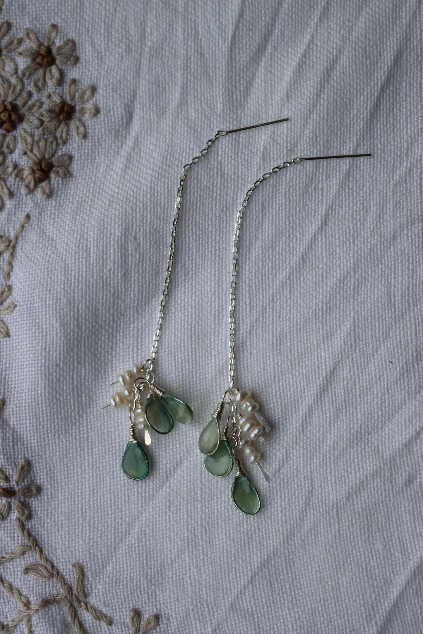 Pearls & Sea Glass Threaders : sterling silver