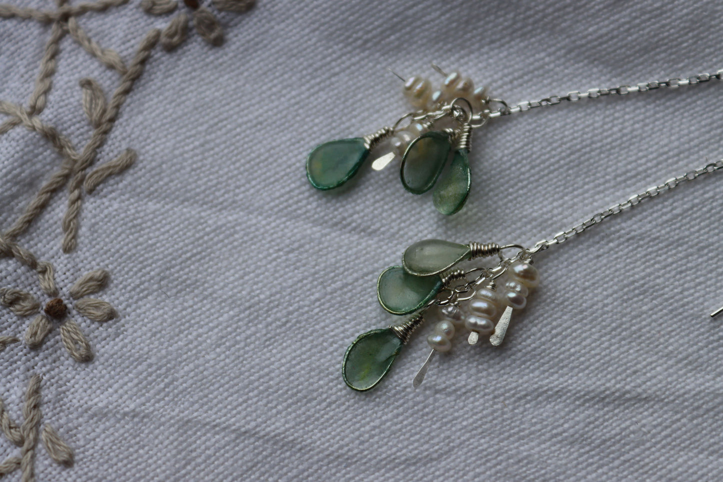 Pearls & Sea Glass Threaders : sterling silver